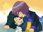  2boys black_eyes black_hair child kiss lying male male_focus multiple_boys on_back pinned pokemon pokemon_(anime) purple_hair satoshi_(pokemon) shinji_(pokemon) surprised yaoi 