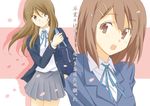  bag brown_eyes brown_hair extra hirasawa_yui k-on! long_hair multiple_girls natsushi school_uniform short_hair tachibana_himeko translation_request 