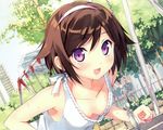  blush brown_hair downblouse dress drinking_fountain duplicate hairband highres kami_nomi_zo_shiru_sekai kantoku looking_at_viewer no_bra open_mouth purple_eyes short_hair smile solo swing_set takahara_ayumi white_dress 