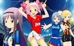  4girls adidas akemi_homura asymmetrical_clothes beret black_hair blonde_hair blue_eyes blue_hair breasts chelsea_fc clothes_writing derivative_work drill_hair fc_internazionale_milano fc_shakhtar_donetsk frilled_panties frills hair_ornament hair_ribbon hairband hand_on_shoulder hat highres kaname_madoka kurosaki_samurai large_breasts long_hair mahou_shoujo_madoka_magica manchester_united miki_sayaka miniskirt multiple_girls navel nike panties pantyshot pink_eyes pink_hair pleated_skirt premier_league ribbon serie_a shirt short_hair short_twintails skirt smile soccer soccer_uniform sportswear stadium star taut_clothes taut_shirt tomoe_mami twintails uefa_champions_league underwear upskirt white_panties yellow_eyes 