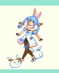  1girl animal_ear_fluff animal_ears animated animated_gif black_gloves blue_hair braid breasts brown_eyes don-chan_(usada_pekora) dress food-themed_hair_ornament fur_trim gloves hair_ornament hololive long_hair lowres multicolored_hair nousagi_(usada_pekora) open_hands open_mouth pantyhose pixel_art rabbit_ears rabbit_girl small_breasts smile solo_focus tengu_nouzu thigh_strap twin_braids usada_pekora v-shaped_eyebrows virtual_youtuber walking white_dress white_hair 