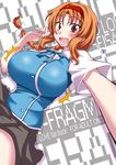  1girl aoi_manabu blush bow braid breasts d-frag! hair_bow huge_breasts long_hair open_mouth orange_hair pleated_skirt purple_eyes school_uniform single_braid skirt solo takao_(d-frag!) 