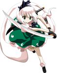  absurdres black_hairband blush full_body ghost green_eyes hairband highres katana konpaku_youmu konpaku_youmu_(ghost) oyu_no_kaori short_hair solo sword touhou transparent_background weapon white_hair 