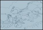  anus artonis avian blue_theme cum dragon female feral gryphon horn horns interspecies knot lying male monochrome non-anthro on_back penis pussy sketch wings 