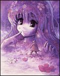  1girl dryad felarya finger_to_mouth flower giantess hat karbo pink pink_eyes plant_girl tree trench_coat 