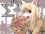  /\/\/\ animal_ears blonde_hair canine dog eating english fangs female food furry hair hamburger heart highres holding lol looking_at_viewer open_mouth red_eyes solo sumomo_kpa tongue wallpaper 