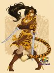  boots brown brown_lotus choker cleavage feline female gold green_eyes high_heels jaguargrin mask silk solo stockings sword tiger weapon 