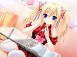  1girl blonde_hair blue_eyes blush game_cg indoors mecha_con! notebook pen ribbon ribbons solo table thighhighs twintails 
