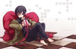  asahikawa_hiyori barefoot black_eyes black_hair box checkered checkered_floor chocolate chocolate_heart coat feet gift grey_eyes heart kino kino_no_tabi mouth_hold reverse_trap short_hair sitting solo valentine 