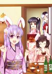  =_= alternate_hairstyle animal_ears apron black_hair bowl brown_hair bunny_ears chopsticks closed_eyes eating food greave_(asterism) hair_ornament hat highres houraisan_kaguya inaba_tewi japanese_clothes kanzashi kimono long_hair multiple_girls nurse_cap obentou obi ponytail purple_eyes purple_hair reisen_udongein_inaba sash short_hair silver_hair soy_sauce table touhou yagokoro_eirin 