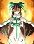  8_(nec8484) black_wings bodysuit bow cosplay crossed_arms glasses green_bow gunbuster_pose hair_bow long_hair nono_(top_wo_nerae_2!) nono_(top_wo_nerae_2!)_(cosplay) radiation_symbol red_eyes reiuji_utsuho safety_glasses scarf solo symbol-shaped_pupils third_eye top_wo_nerae_2! touhou very_long_hair white_bodysuit wings 