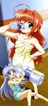  absurdres ahoge blue_eyes brown_hair drinking feet hand_on_hip hashimoto_takayoshi highres long_hair long_image lyrical_nanoha mahou_shoujo_lyrical_nanoha_strikers milk multiple_girls non-web_source nyantype official_art one_eye_closed reinforce_zwei scan silver_hair stick_poster tall_image towel very_long_hair vita 