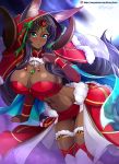  1girl :o absurdres animal_ears aqua_eyes ass blush breasts christmas cleavage dark_skin eyeliner fate/grand_order fate_(series) forehead_jewel fur_trim gem head_chain highres horns horns_through_headwear jackal_ears large_breasts long_hair looking_at_viewer makeup open_mouth purple_hair queen_of_sheba_(fate/grand_order) solo vilde_loh_hocen 