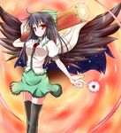  arm_cannon bad_id bad_pixiv_id black_hair black_legwear bow hair_bow highres kirino_souya long_hair red_eyes reiuji_utsuho smile solo thighhighs touhou weapon wings 