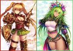  aqua_eyes armor blonde_hair breasts cleavage elf flower green_eyes green_hair hair_flower hair_ornament hairband hand_on_own_chest kara_(color) long_hair medium_breasts multiple_girls navel original pointy_ears sword thighhighs twintails weapon 