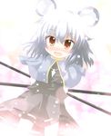  animal_ears arms_behind_back blush capelet dowsing_rod fang grey_hair jewelry mouse_ears nazrin open_mouth pendant short_hair skirt smile solo touhou yellow_eyes yuya_(minus-k) 