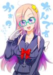  blush breasts fingerless_gloves glasses gloves large_breasts nashida_oriha open_mouth pink_hair purple_eyes purple_hair satou_shouji school_uniform solo triage_x 