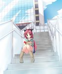  apple bag boots bow building denim denim_shorts fa_no_hito food fruit hair_bow knee_boots kyubey long_hair mahou_shoujo_madoka_magica paper_bag ponytail red_hair sakura_kyouko shorts sitting sitting_on_stairs stairs 