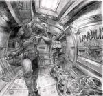  alien corridor demon doom fish_eye_lens greyscale gun imp jumpsuit miles_df monochrome pencils pov weapon 