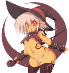  :d crescent_moon dark_skin fang grey_hair hat markings moon navel open_mouth orange_eyes original panties pointy_ears sakaki_(noi-gren) simple_background smile solo staff tan thighhighs underwear white_panties witch_hat 