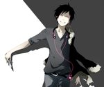  belt black_hair denim digital_media_player durarara!! earrings fur_trim glowing glowing_eyes grin headphones headphones_around_neck highres jacket jacket_on_shoulders jeans jewelry knife male_focus ogipote orihara_izaya pants pink_eyes simple_background sleeves_rolled_up smile solo switchblade 