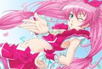  blue_eyes bow cure_melody eyelashes foreshortening highres houjou_hibiki kiss long_hair magical_girl midriff navel one_eye_closed pink_bow pink_hair precure solo suite_precure takayama_chihiro twintails 