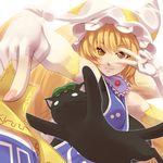  bare_shoulders blonde_hair cat chen chen_(cat) elbow_gloves fingerless_gloves foreshortening fox_tail gloves hands hat highres md5_mismatch multiple_tails ofuda short_hair smile solo symbol-shaped_pupils tabard tail touhou tro v_over_eye white_gloves yakumo_ran yellow_eyes 