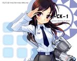  aircraft airplane brown_eyes brown_hair f-ck-1 girl_arms gun jet long_hair mecha_musume military necktie personification salute skirt solo thighhighs upper_body wallpaper weapon zeco 