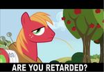  bandage big_macintosh_(mlp) cutie_mark earth_pony english_text equine feral freckles friendship_is_magic fruit fur horse image_macro looking_at_viewer male mammal my_little_pony outside pony reaction_image red_fur solo straw text tree unknown_artist wheat wood yoke 