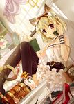  animal_ears bad_id bad_pixiv_id black_legwear blonde_hair blush book cat_ears corded_phone dutch_angle english hair_ribbon high_heels highres jewelry kusukoni_melco legs necklace open_book original phone red_eyes ribbon shoes sitting solo tail thighhighs wrist_cuffs 