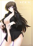  bottomless breasts brown_hair cleavage haganef large_breasts legs long_hair muvluv muvluv_alternative muvluv_total_eclipse naked_shirt no_panties open_clothes open_shirt purple_eyes shirt solo takamura_yui thighs 