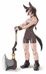  animal_ears axe copyright_request gochou_(kedama) muscle simple_background skin_tight solo tail weapon 