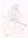  anthro bellbottoms canine clothed clothing fighting_stance hair half-dressed long_hair looking_at_viewer male mammal muscles nude pants plain_background polearm pose ready scar solo spear toned topless vein veins weapon white_background wolfgangcake 