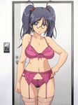  1girl bare_shoulders blue_eyes blue_hair bra breasts door frown garter_belt glasses hand_on_hip hinata_aki hips keroro_gunsou large_breasts legs lingerie long_hair looking_at_viewer navel nightmare_express panties pince-nez pink_bra pink_panties pubic_hair solo standing thighhighs thighs twintails uncensored underwear 