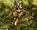  canine crossbow female fleur forest fox high_heels midriff selker solo sword tree unconvincing_armour warrior weapon 