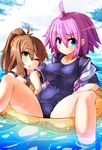  :/ ;&lt; ahoge blue_eyes brown_hair collarbone frown green_eyes highres innertube multiple_girls one-piece_swimsuit one_eye_closed ooyama_kina original pink_hair ponytail school_swimsuit school_uniform shirt short_hair spread_legs swimsuit taut_clothes taut_shirt wet 