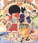  1girl afro afro_luffy barefoot big_pan black_hair boxing boxing_gloves capote cheering chuchun evil_grin evil_smile fight fighting foxy_(one_piece) gloves grin hamburg itomimizu jolly_roger lowres mask monkey_d_luffy monster_boy multiple_boys ocean oda_eiichiro oda_eiichirou official_art one_piece pickles_(one_piece) porche red_shorts scar shark shorts smile suspenders tattoo topless volume_cover water 