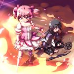  akemi_homura black_hair broken hairband kaname_madoka long_hair magical_girl mahou_shoujo_madoka_magica multiple_girls pantyhose pink_eyes pink_hair purple_eyes shimetta_seiya shoes short_hair short_twintails tears torn_clothes torn_legwear twintails 