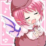  animal_ears blush closed_eyes dress fingernails from_above geetsu hat long_fingernails music musical_note mystia_lorelei open_mouth pink_hair short_hair singing solo touhou wings 