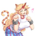  animal_ears blonde_hair breasts cat_ears cat_tail chain covered_nipples cuffs extra_ears fang highres horn hoshiguma_yuugi katwu_(gensou_ninja_yashiki) kemonomimi_mode large_breasts long_hair one_eye_closed paw_pose pointy_ears red_eyes simple_background solo tail touhou 