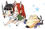  animal_ears chibi footprints igaiga minna-dietlinde_wilcke multiple_girls pantyhose perrine_h_clostermann sakamoto_mio star strike_witches sword tail weapon world_witches_series 