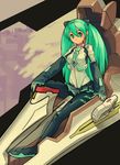  absurdres atsushi cockpit detached_sleeves green_eyes green_hair hatsune_miku highres long_hair necktie neon_genesis_evangelion plugsuit sitting skirt smile solo twintails very_long_hair vocaloid 