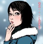 black_eyes black_hair blush coat copyright_request face finger_to_mouth glasses hands jewelry lips looking_at_viewer ring solo translated usatarou 