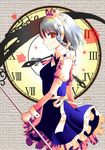  blood blush braid clock hazakura_satsuki izayoi_sakuya maid maid_headdress red_eyes scythe short_hair silver_hair solo touhou twin_braids 