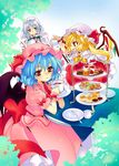  bat_wings blonde_hair blue_hair cup flandre_scarlet hat izayoi_sakuya maid maid_headdress malino_(dream_maker) multiple_girls red_eyes remilia_scarlet short_hair side_ponytail teacup touhou wings 