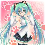  animal_ears aqua_eyes aqua_hair bespectacled black_legwear cat_ears detached_sleeves glasses hairband hatsune_miku headset highres kemonomimi_mode long_hair mikumikudance necktie norita nyanyanyanyanyanyanya!_(vocaloid) open_mouth solo thighhighs twintails vocaloid vocaloid_(lat-type_ver) zettai_ryouiki 