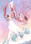  bare_shoulders blue_eyes blue_hair boots cape detached_sleeves falling floating_hair gloves long_hair magical_girl mahou_shoujo_madoka_magica miki_sayaka multiple_girls pink_eyes pink_hair ponytail profile reaching sakura_kyouko short_hair spirtie thighhighs white_gloves zettai_ryouiki 