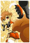  animal_ears antenna_hair arc_system_works bare_shoulders blazblue blazblue:_continuum_shift blush breasts brown_hair fingerless_gloves gloves highres makoto_nanaya midriff miniskirt multicolored_hair orange_eyes punch punching short_hair skirt smile squirrel_ears squirrel_tail tail thighhighs thighs thong two-tone_hair underboob 