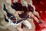  black_hair boots fairy_tail feathers gajeel_redfox gloves long_hair male male_focus scar scars smoke stitches 