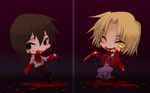  blonde_hair blood blood_stain brown_hair chibi dual_persona jacket kara_no_kyoukai kari_(cocktail_box) knife red_jacket shirazumi_lio shirazumi_lio_(young) yellow_eyes 